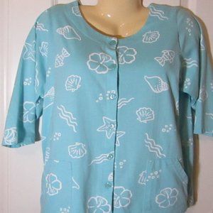 PALM GROVE Beach Motif Light Blue Button Down Shirt Tropical Top Size L